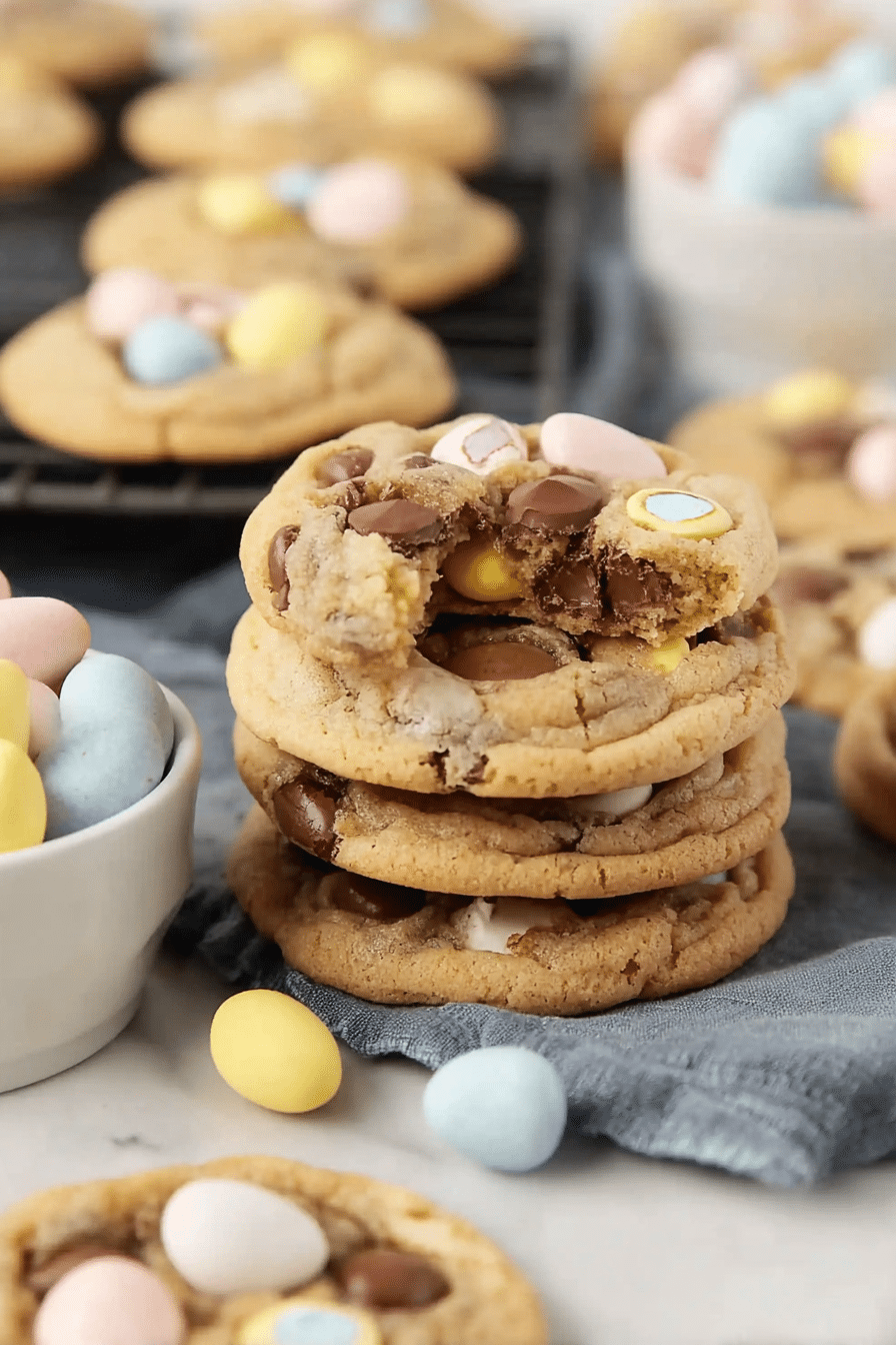Delicious freshly baked Cadbury Egg Cookies with colorful Cadbury mini eggs around them.