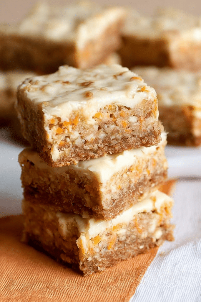 Delicious carrot cake bars topped with cream cheese frosting and cinnamon, served on a wooden table.