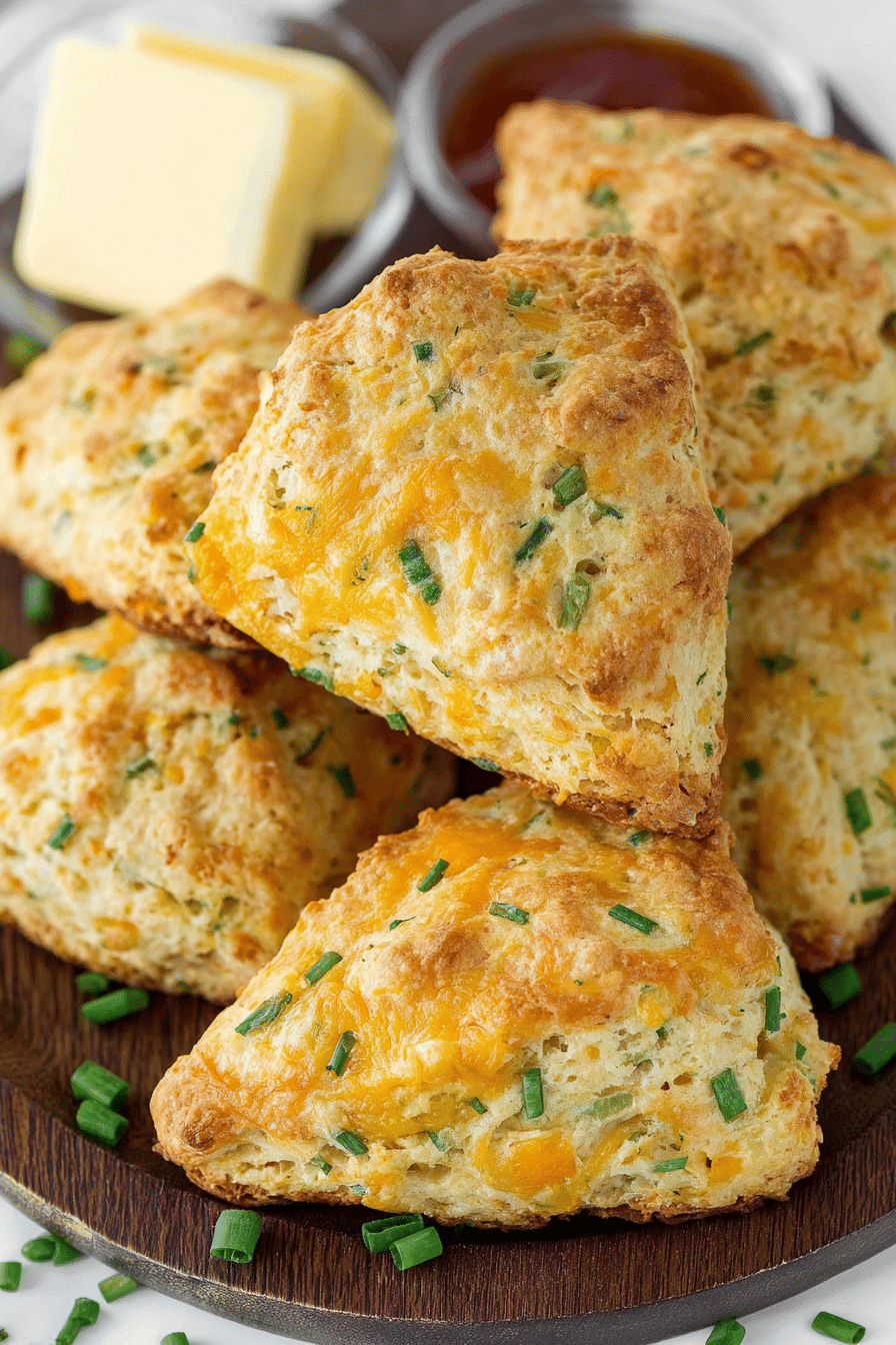 Golden cheese and chive scones on a wooden table, garnished with fresh chives and a butter dish.
