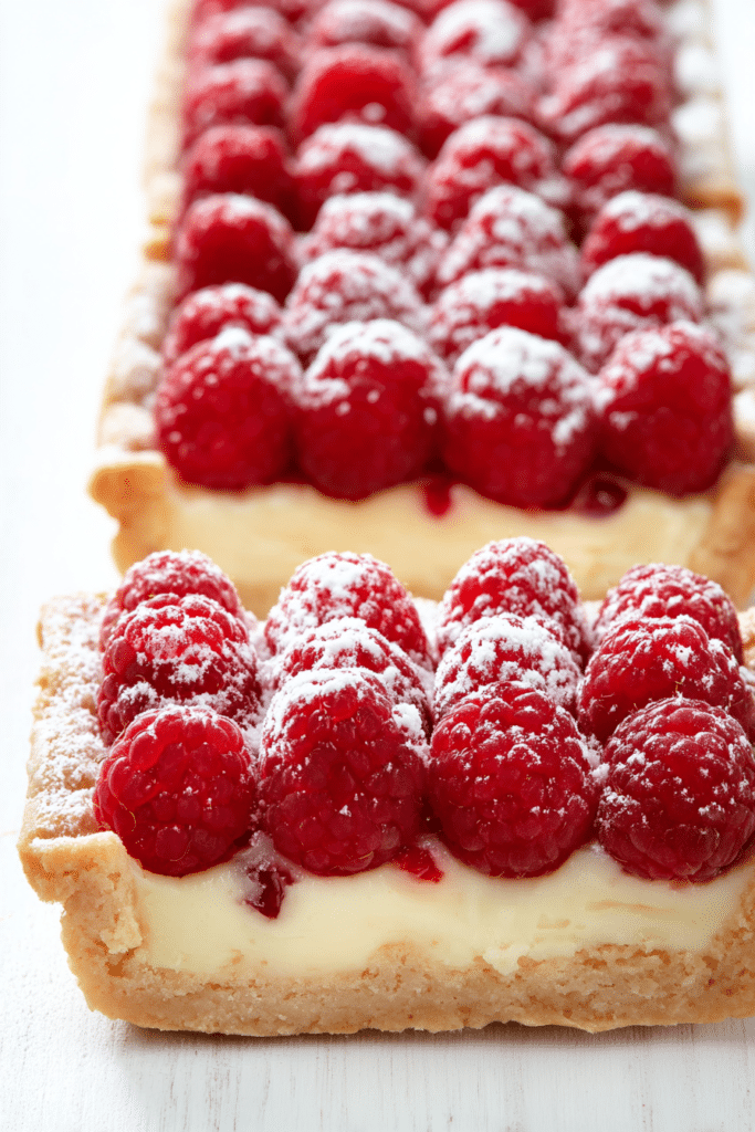 Cheesecake tart with fresh raspberries, creamy filling and flaky crust, dusted with powdered sugar.