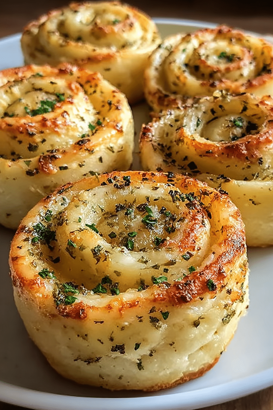 Delicious cheesy garlic butter rollups served with marinara sauce and fresh parsley on a wooden board.