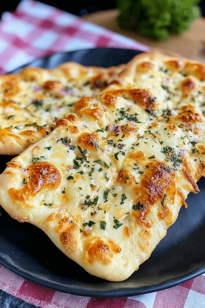 Delicious cheesy garlic flatbread pizza with melted mozzarella and parmesan cheese, topped with fresh parsley.