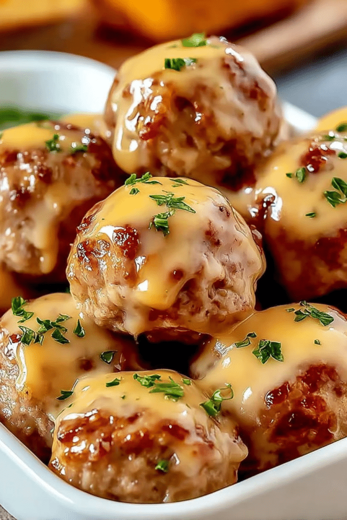 Delicious cheesy rotel sausage balls on a plate, garnished with parsley, ready to be enjoyed as a party appetizer.