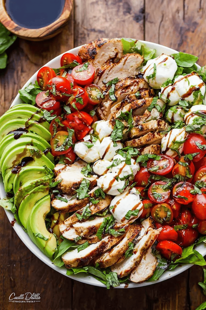 Close-up of Chicken Avocado Caprese Salad with grilled chicken, avocado, mozzarella, and tomatoes on a bed of lettuce