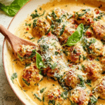 Close-up of chicken florentine meatballs in a creamy sauce with fresh basil and lemon zest, served with pasta.