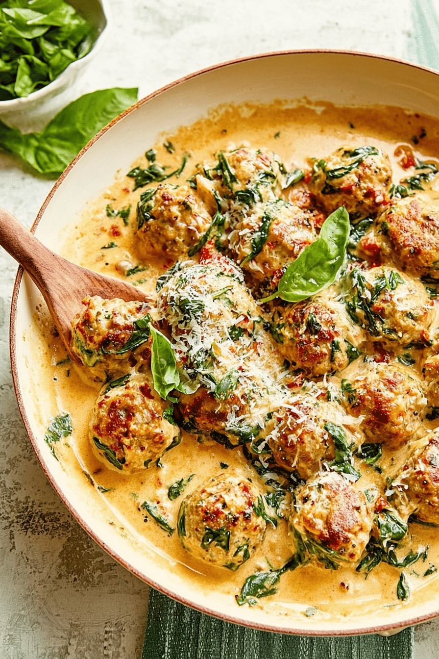 Close-up of chicken florentine meatballs in a creamy sauce with fresh basil and lemon zest, served with pasta.