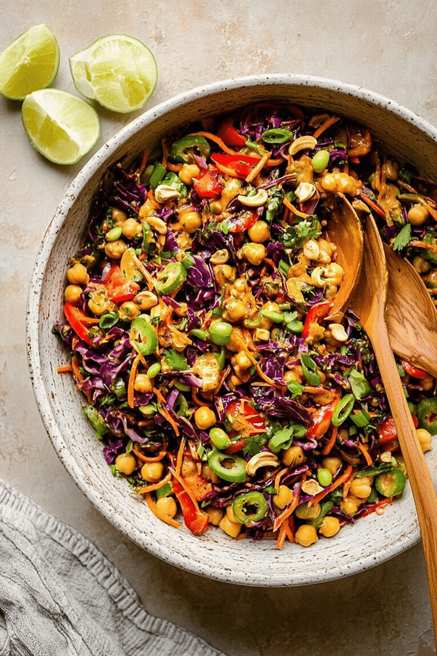 Chopped Thai-inspired chickpea salad with colorful vegetables and curry peanut dressing