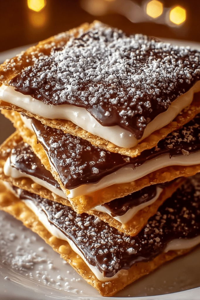 Churro saltine toffee pieces on a decorative plate with cinnamon sugar topping.