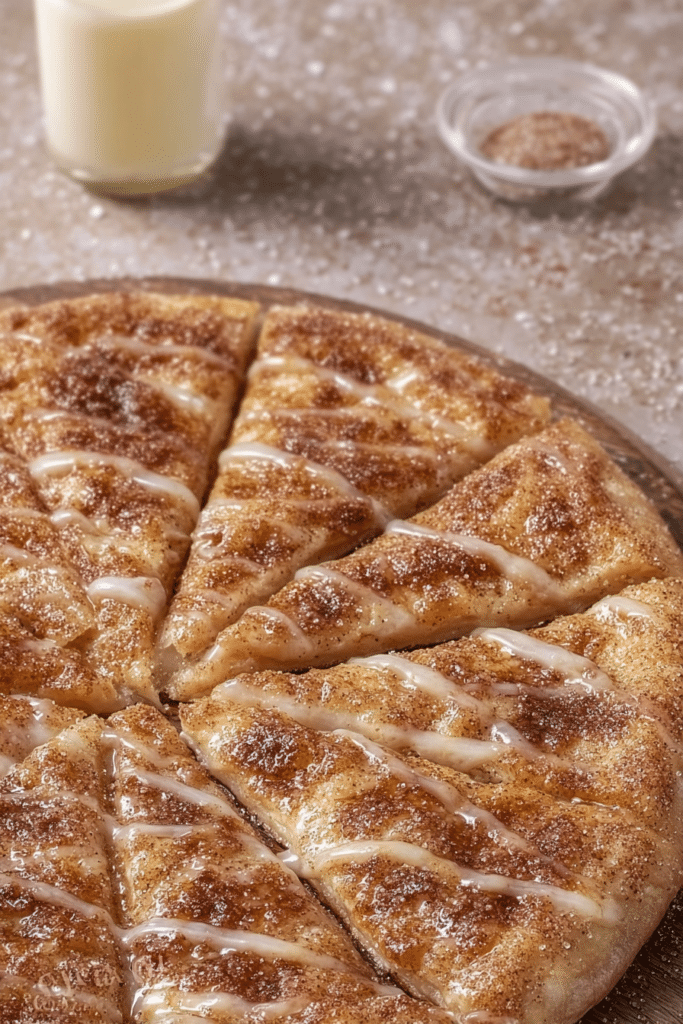 Delicious cinnamon pizza topped with glaze, ready to be sliced in a cozy kitchen.