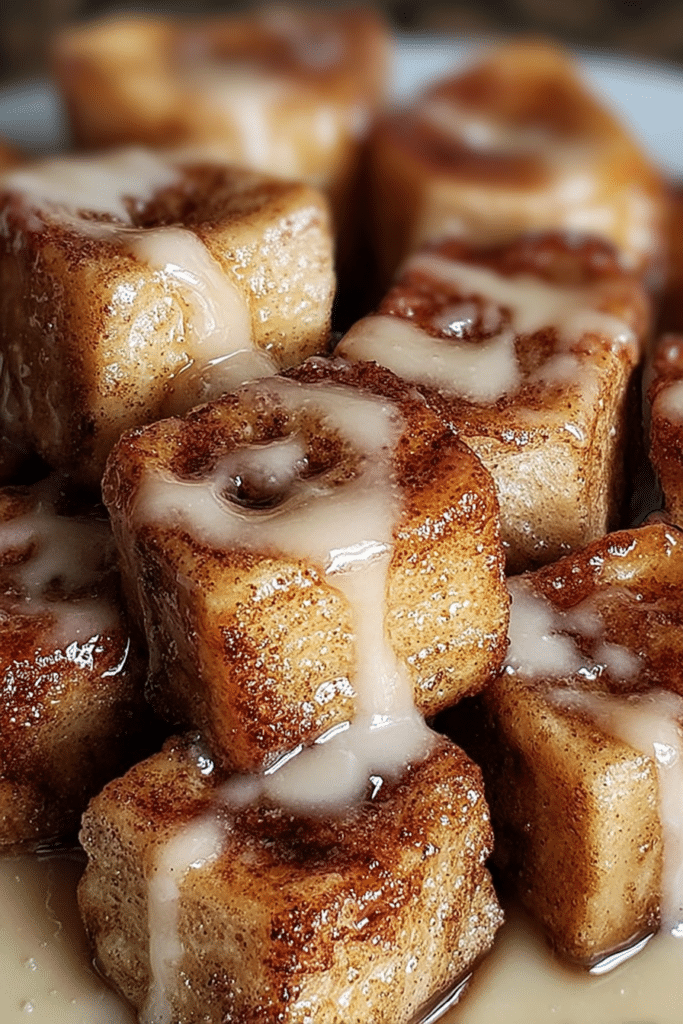 Golden brown cinnamon roll french toast bites served with powdered sugar and strawberries.