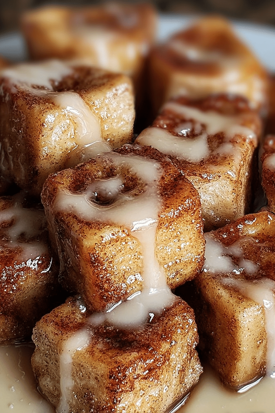 Golden brown cinnamon roll french toast bites served with powdered sugar and strawberries.