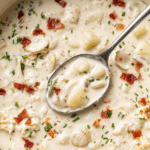 Delicious steaming bowl of New England clam chowder garnished with parsley and bacon on a rustic table.