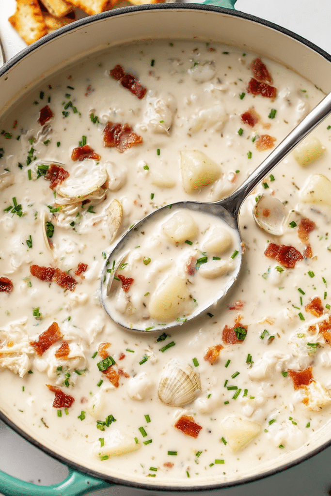 Delicious steaming bowl of New England clam chowder garnished with parsley and bacon on a rustic table.