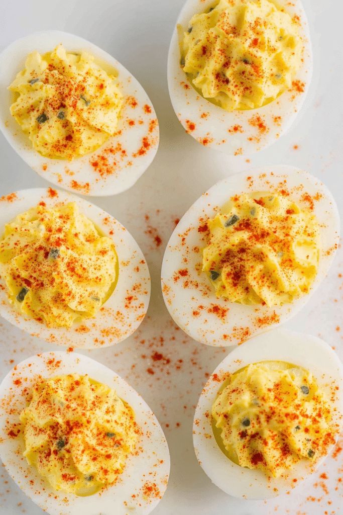 Close-up of classic deviled eggs on a white platter, garnished with paprika.