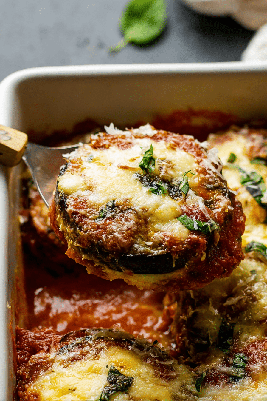 Delicious classic eggplant parmesan served with fresh herbs on top.