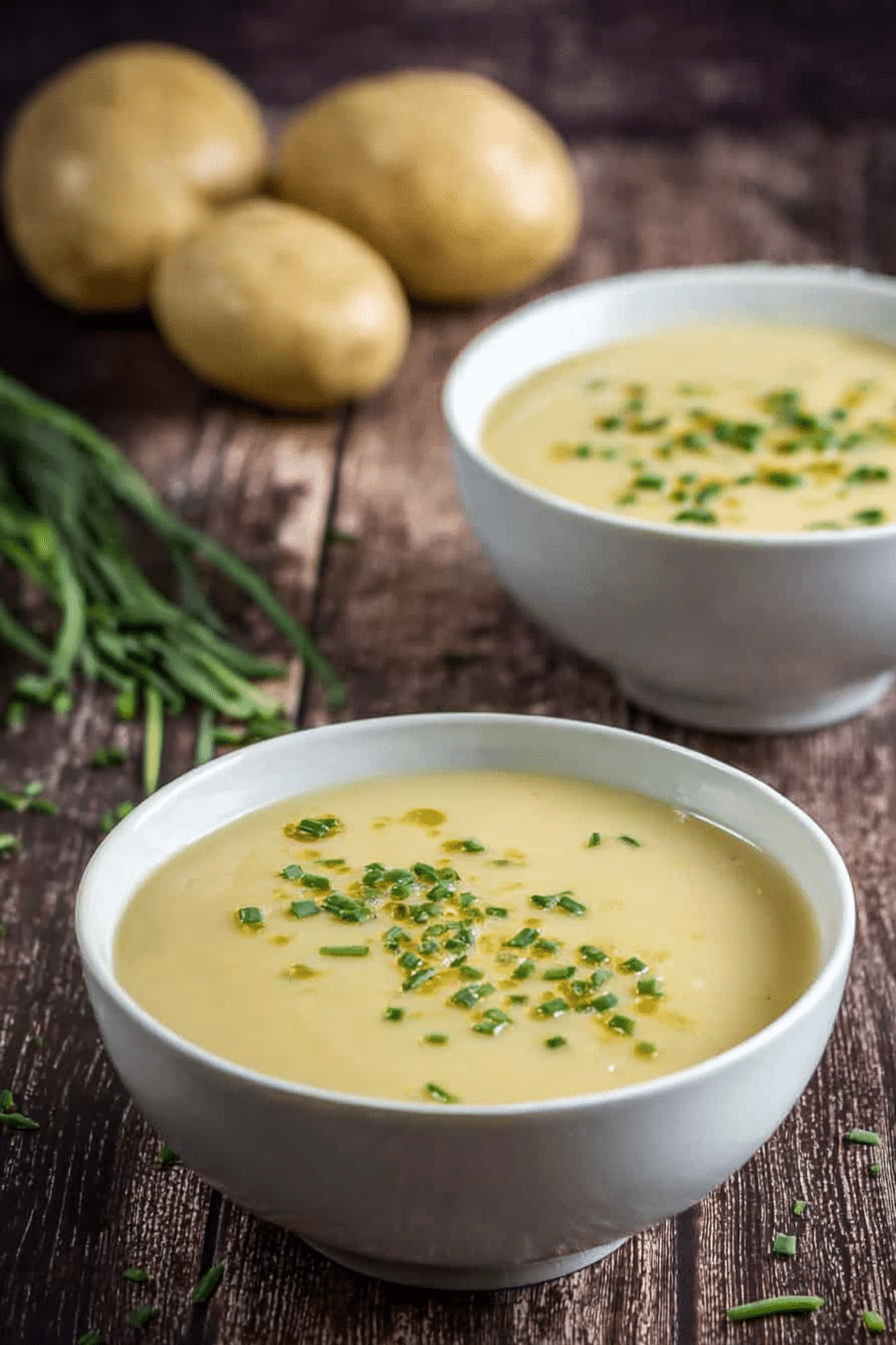 Delicious bowl of classic potato leek soup garnished with fresh chives and served with a wooden spoon.