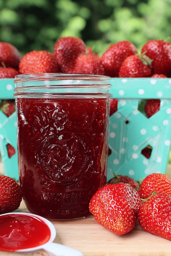 Close-up of a jar of classic strawberry jam surrounded by fresh strawberries on a rustic wooden table.