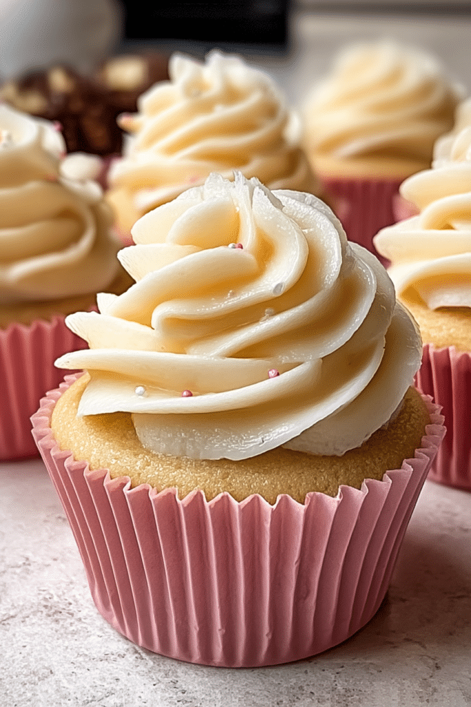 Delicious copycat Magnolia Bakery cupcakes with fluffy buttercream frosting and colorful sprinkles on a white plate.
