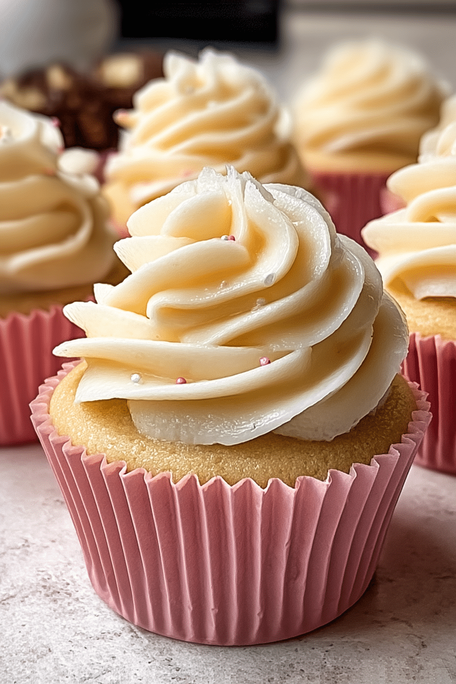 Delicious copycat Magnolia Bakery cupcakes with fluffy buttercream frosting and colorful sprinkles on a white plate.