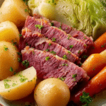 Delicious corned beef and cabbage dish garnished with fresh parsley on a white plate.