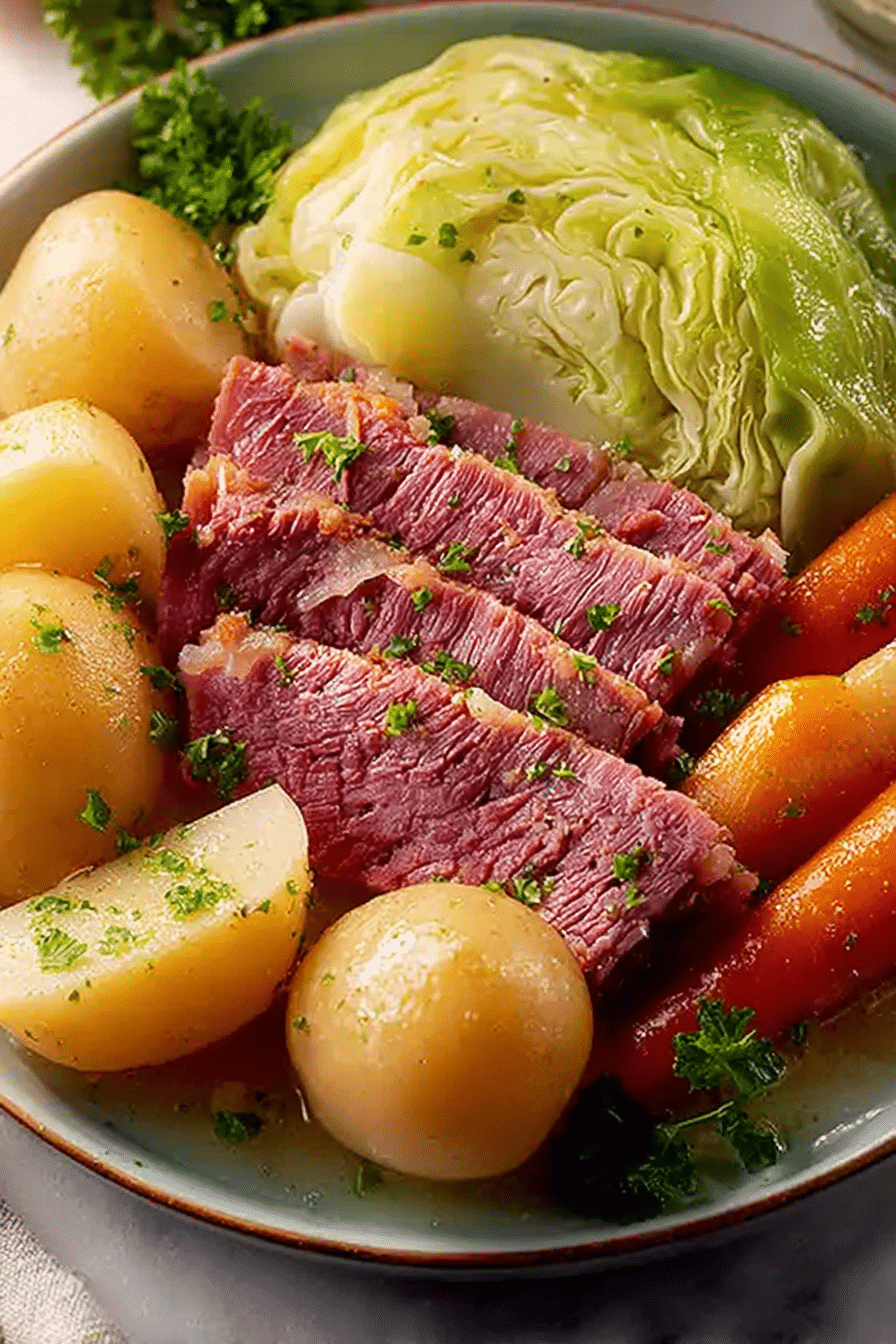 Delicious corned beef and cabbage dish garnished with fresh parsley on a white plate.