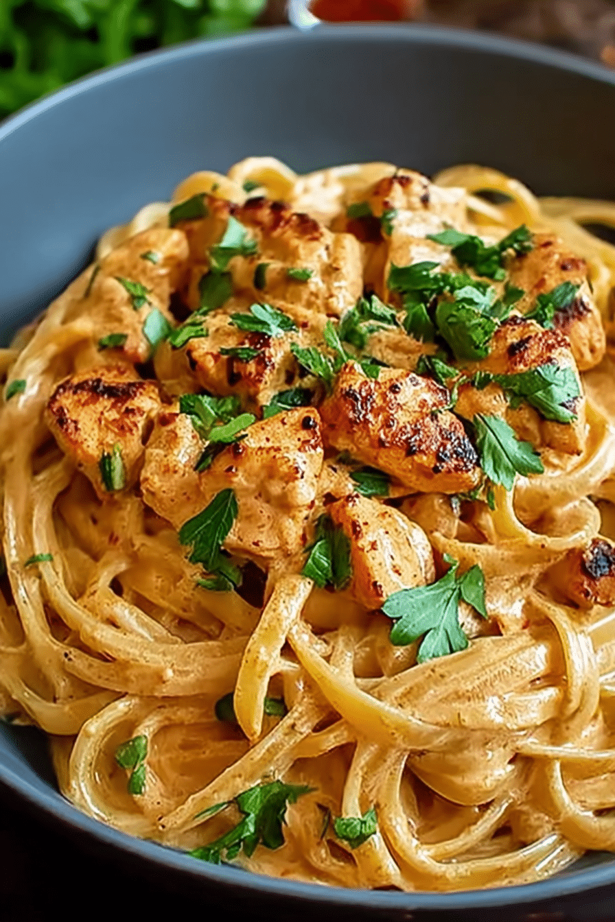 Delicious cowboy butter chicken linguine topped with parsley and Parmesan cheese in a white bowl