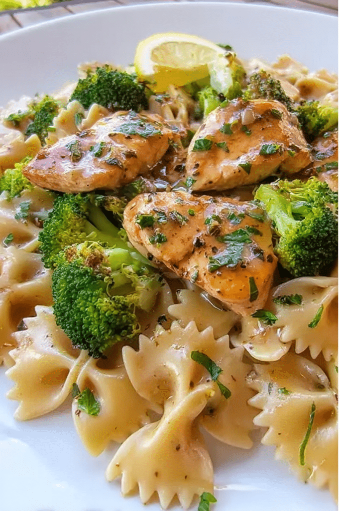Delicious cowboy butter lemon bowtie chicken in a rustic bowl, garnished with parsley and served with lemon and broccoli.