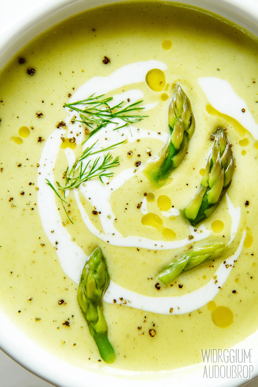 Bowl of cream of asparagus soup garnished with herbs and cream on a rustic wooden table.