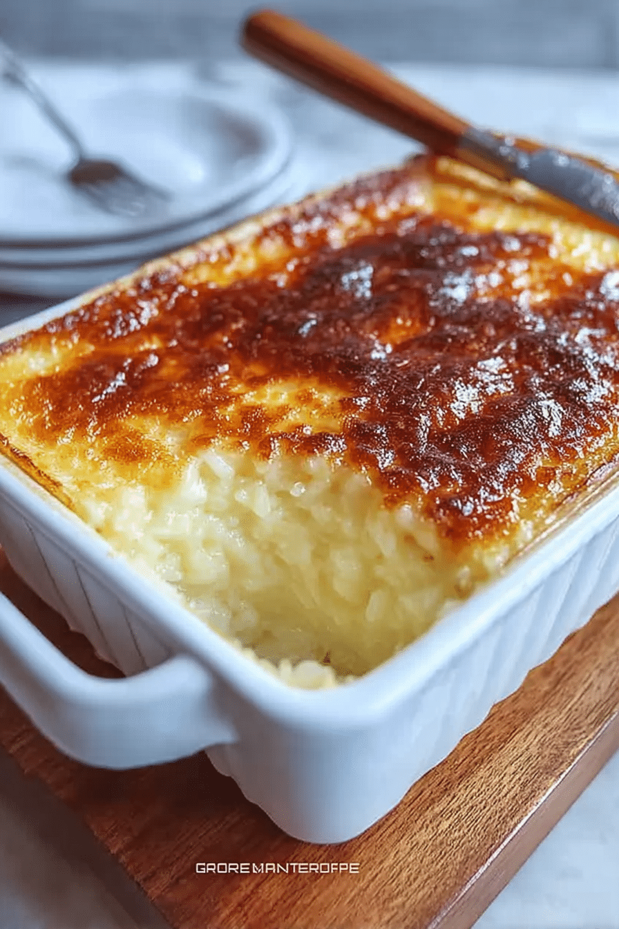 Close-up of creamy condensed milk baked rice pudding topped with cinnamon and nuts