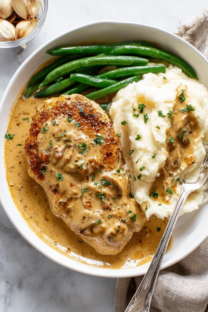Creamy garlic chicken on a plate with mashed potatoes and roasted green beans, garnished with parsley.