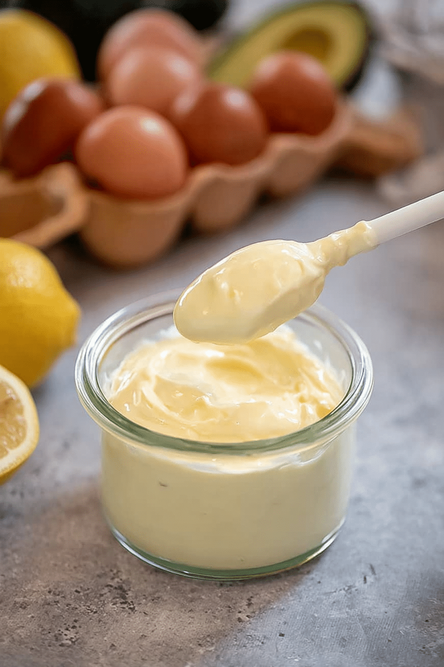 Close-up of creamy homemade mayonnaise in a jar with lemon and fresh eggs, showcasing a one-minute mayonnaise recipe.