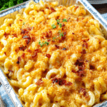Creamy pellet grill mac and cheese in a bowl with melted cheese on top.