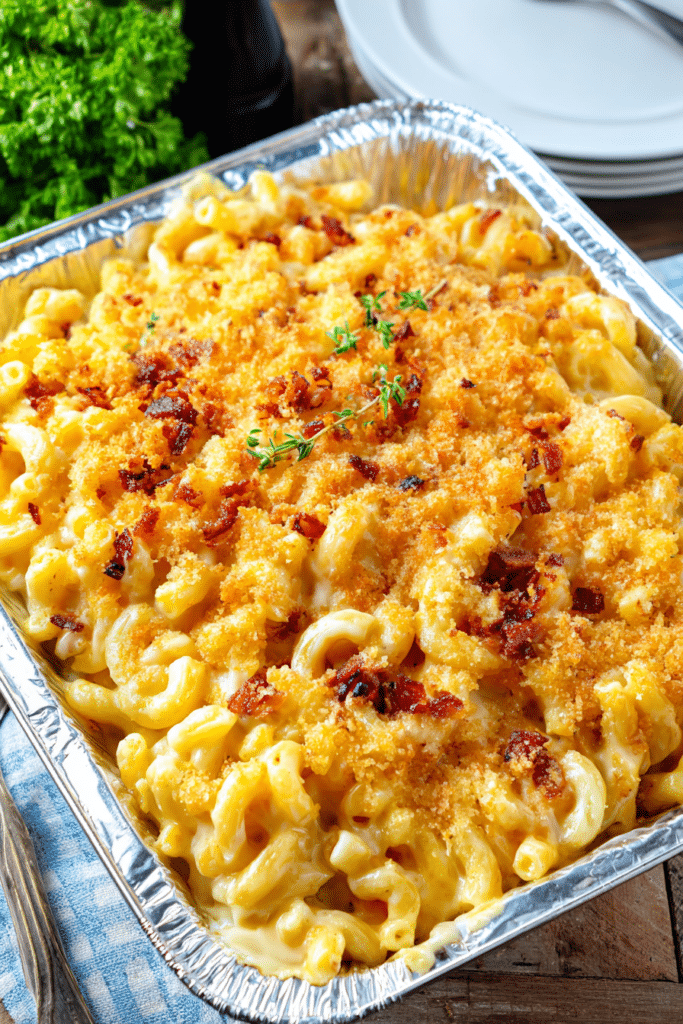 Creamy pellet grill mac and cheese in a bowl with melted cheese on top.