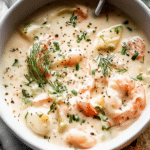 Close-up of creamy seafood chowder topped with crispy bacon and parsley, beside a slice of crusty bread.
