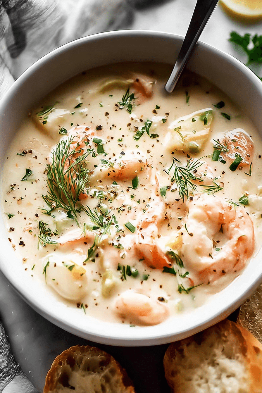 Close-up of creamy seafood chowder topped with crispy bacon and parsley, beside a slice of crusty bread.