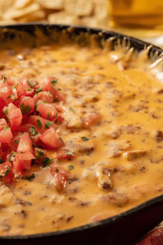 Creamy smoked queso in a cast iron skillet with melted cheese and cilantro, served with tortilla chips.
