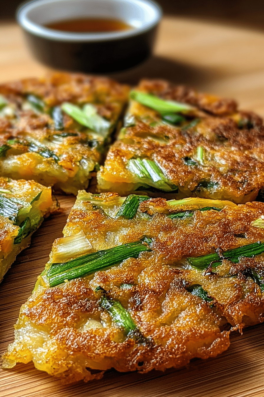 A delicious crispy Korean spring onion pancake served on a wooden platter with green onions and dipping sauce