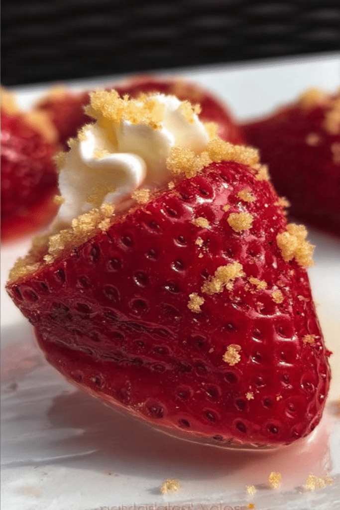 Deviled strawberries with cheesecake filling on a colorful party platter, perfect for appetizers and dessert.