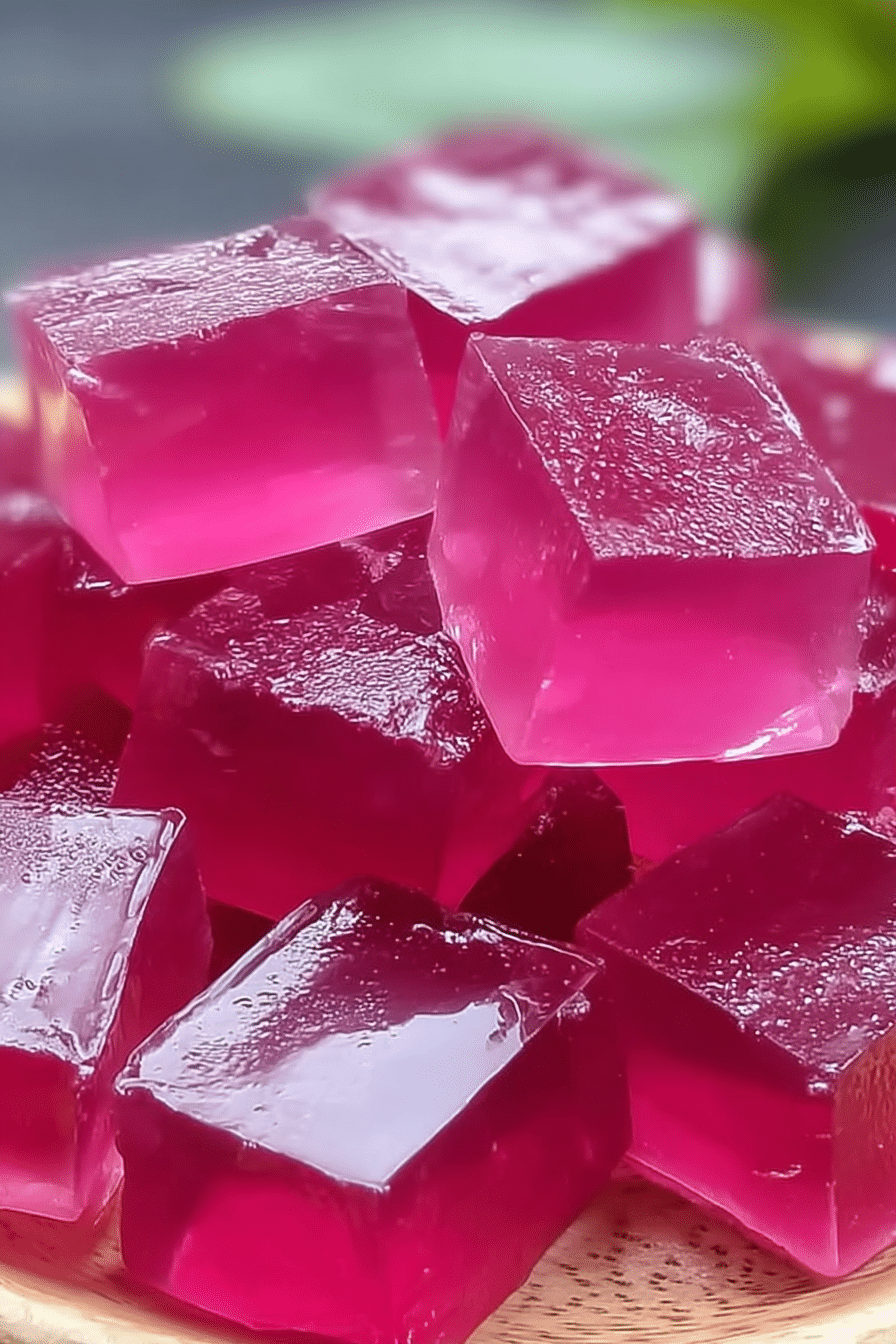 A refreshing glass of Dr. Oz pink gelatin with cranberries and pomegranate seeds on a wooden table.