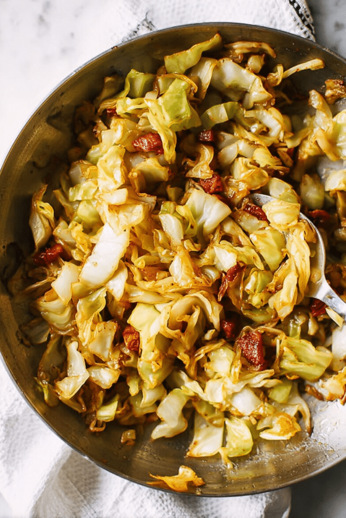 Close-up of easy fried cabbage with bacon and herbs in a skillet