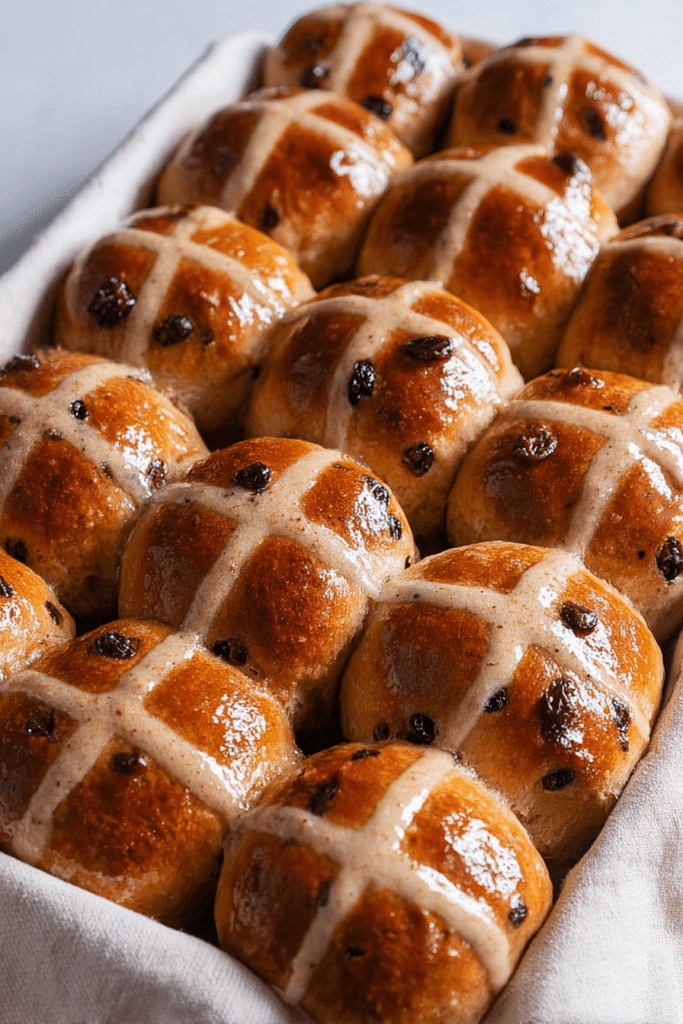 Delicious easy hot cross buns baked to perfection with spices and maple syrup, perfect for Easter brunch.