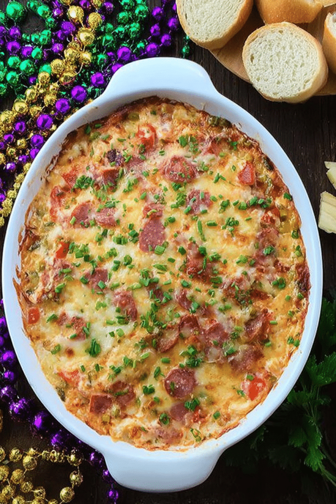Delicious easy Mardi Gras hot muffuletta dip in a vibrant dish, garnished with parsley and served with bread slices, perfect for appetizers.
