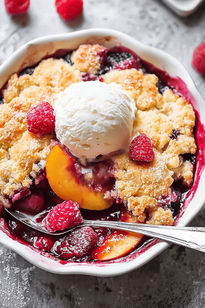 Delicious easy peach and raspberry cobbler with fresh peaches and raspberries on a wooden table.