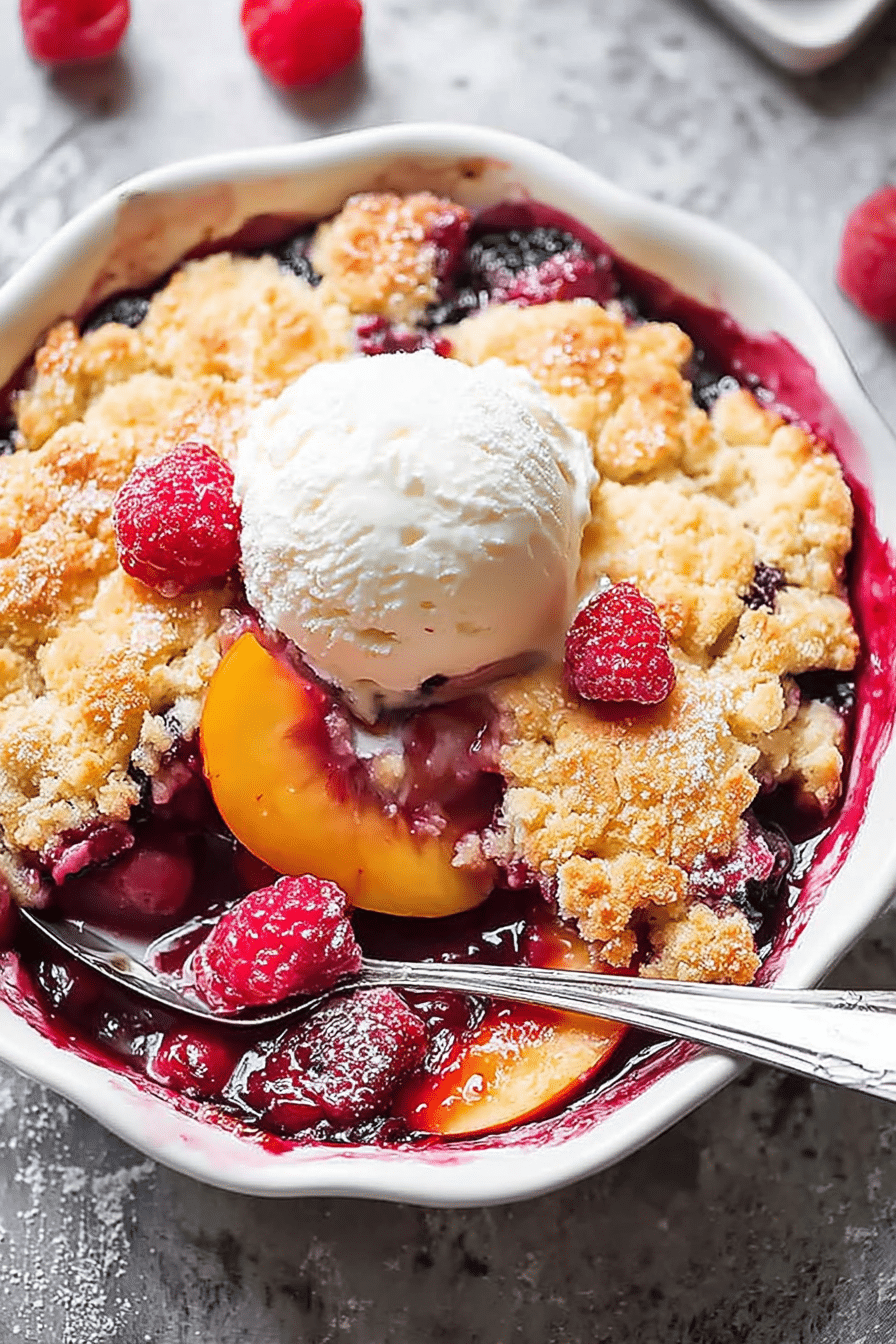 Delicious easy peach and raspberry cobbler with fresh peaches and raspberries on a wooden table.