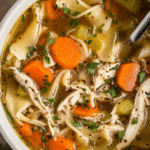 Delicious and hearty easy rotisserie chicken noodle soup in a bowl with fresh parsley garnish and vegetables nearby.