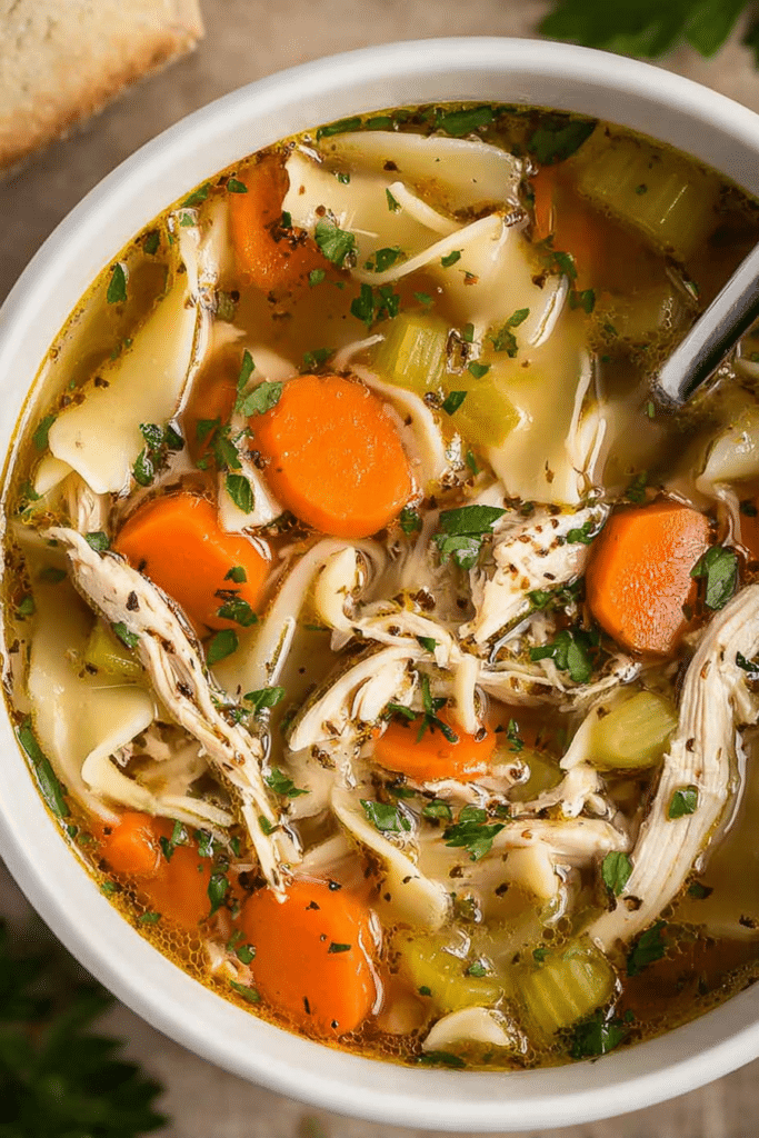 Delicious and hearty easy rotisserie chicken noodle soup in a bowl with fresh parsley garnish and vegetables nearby.