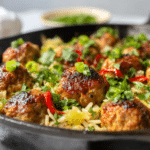 Delicious firecracker chicken meatballs with cilantro coconut pineapple rice, garnished with fresh herbs.