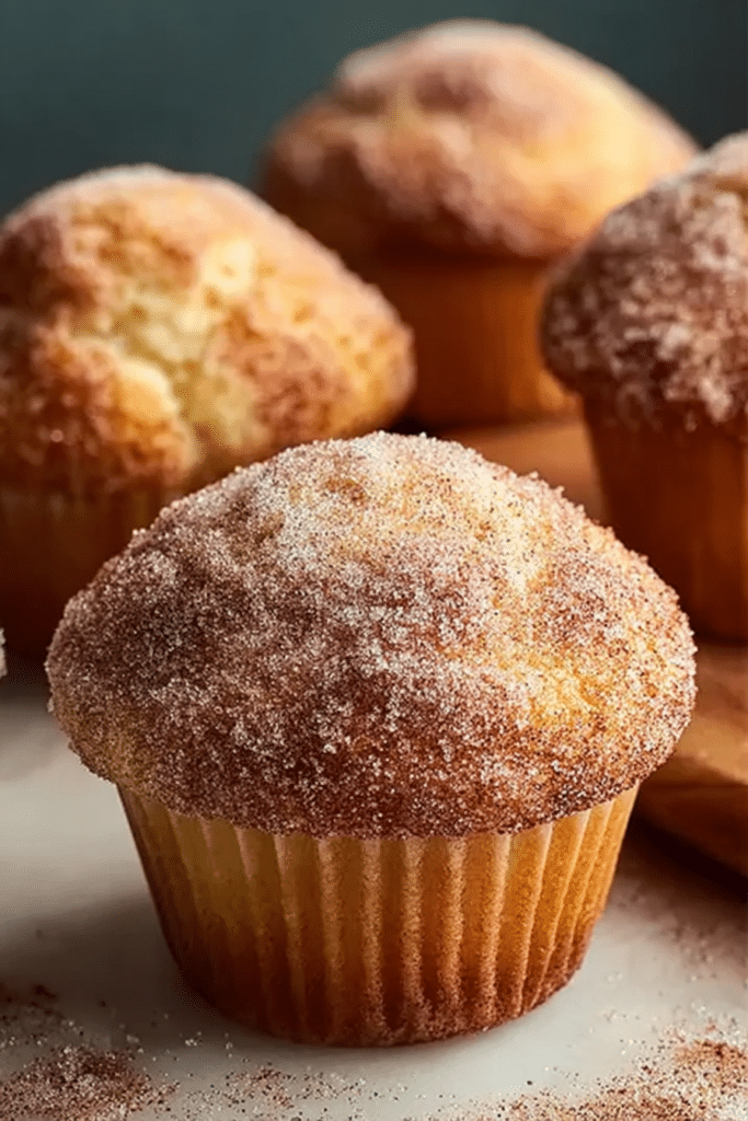 Fluffy cinnamon sugar donut muffins on a rustic platter with coffee in the background.