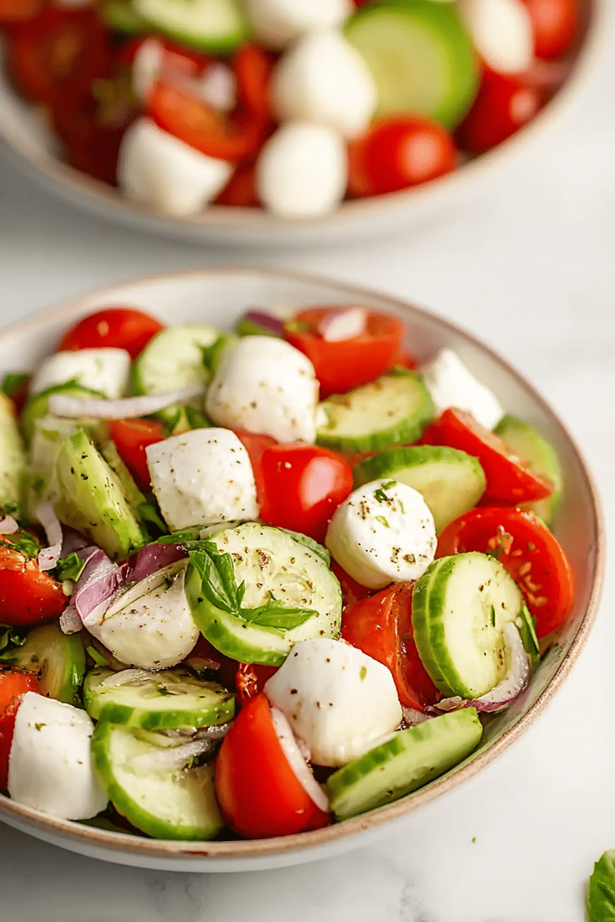 Fresh cucumber caprese salad with cherry tomatoes and mozzarella, garnished with basil and balsamic glaze.