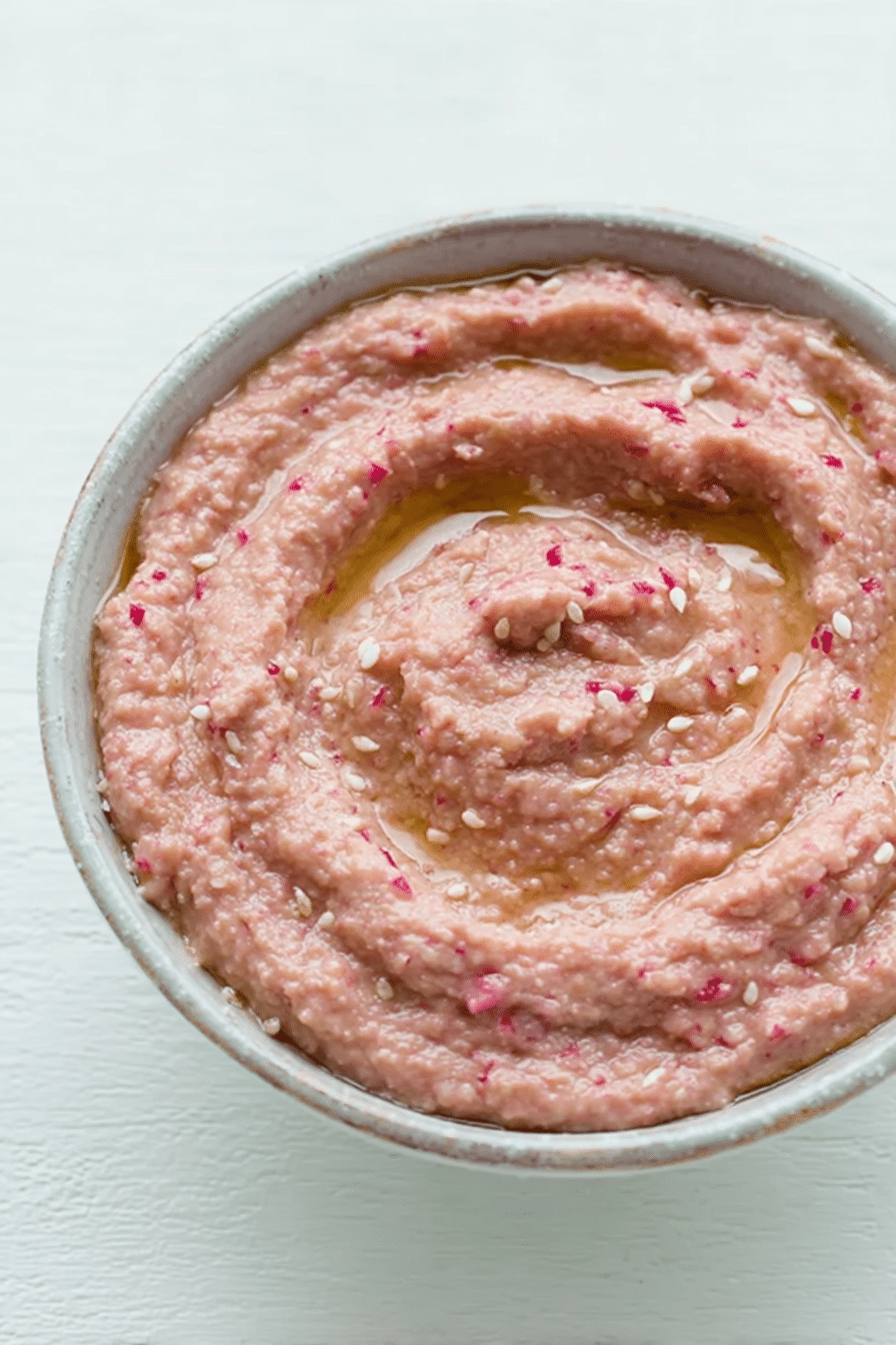 Fresh radish hummus served with pita bread and colorful vegetables for dipping.